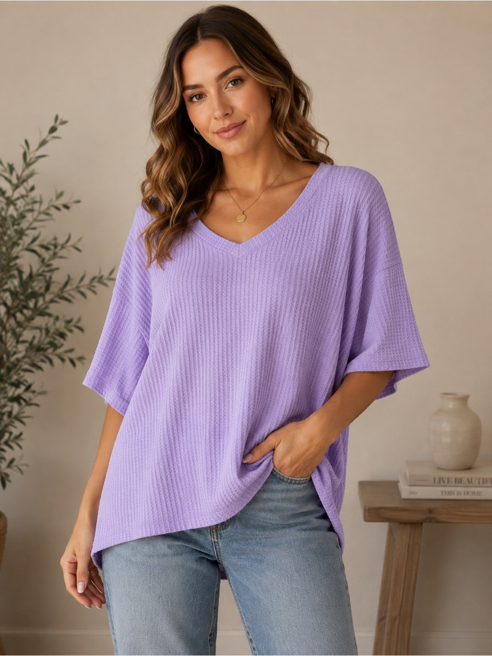 MEROKEETY Lavender Purple Waffle Knit Oversized V Neck Top NWT